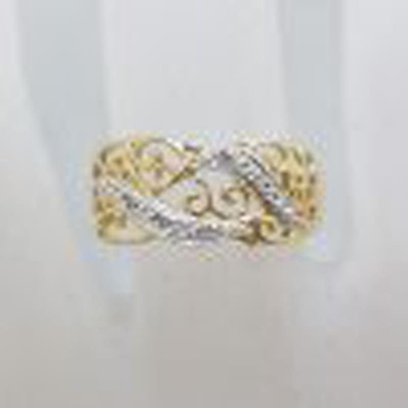 9ct Yellow Gold Ornate Wide Filigree Diamond Ring