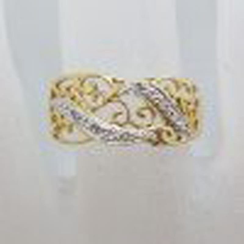 9ct Yellow Gold Ornate Wide Filigree Diamond Ring