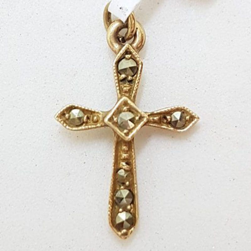 9ct Yellow Gold Marcasite Cross Pendant / Charm - Antique / Vintage
