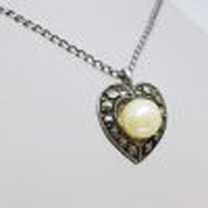 Sterling Silver Marcasite and Pearl Heart Pendant on Silver Chain - Antique / Vintage