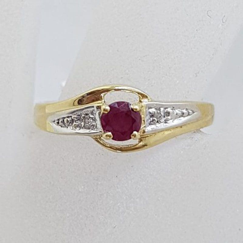 9ct Yellow Gold Round Natural Ruby with Diamond Ring