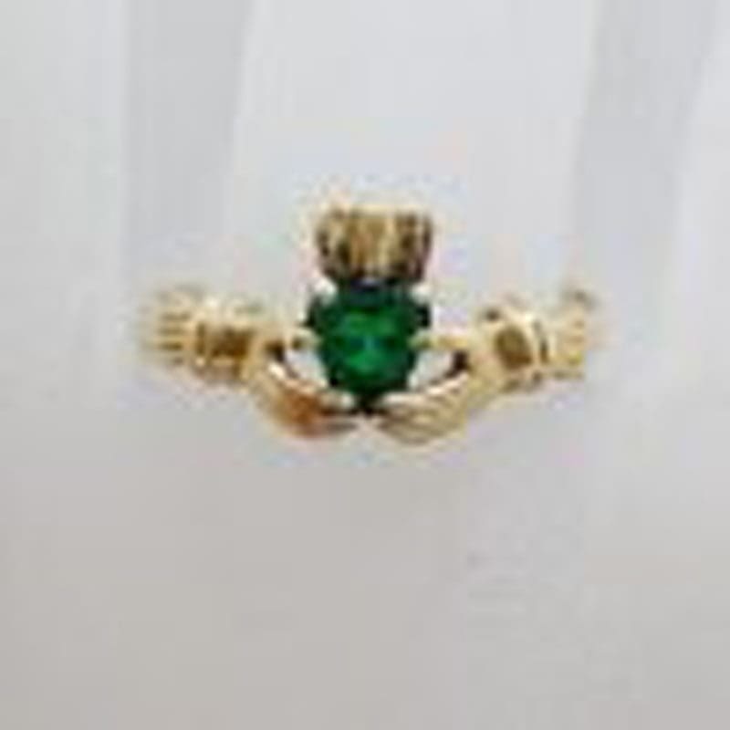 9ct Yellow Gold Green Heart Claddagh Ring - Vintage
