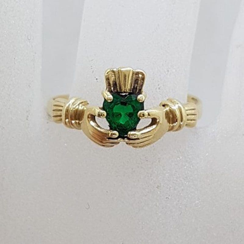 9ct Yellow Gold Green Heart Claddagh Ring - Vintage