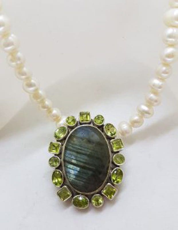 Sterling Silver Large Oval Labradorite Surrounded by Peridot Cluster Pendant on Pearl Necklace / Chain