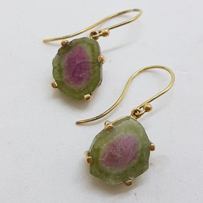 9ct Yellow Gold Watermelon Tourmaline Drop Earrings
