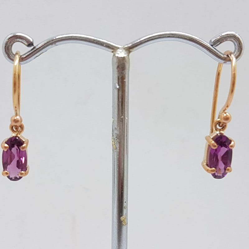 9ct Rose Gold Oval Claw Set Rhodolite Garnet Drop Earrings