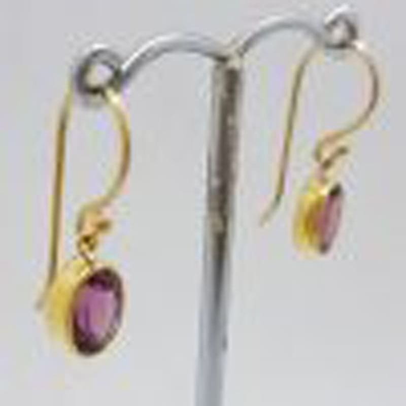 9ct Yellow Gold Oval Bezel Set Rhodolite Garnet Drop Earrings