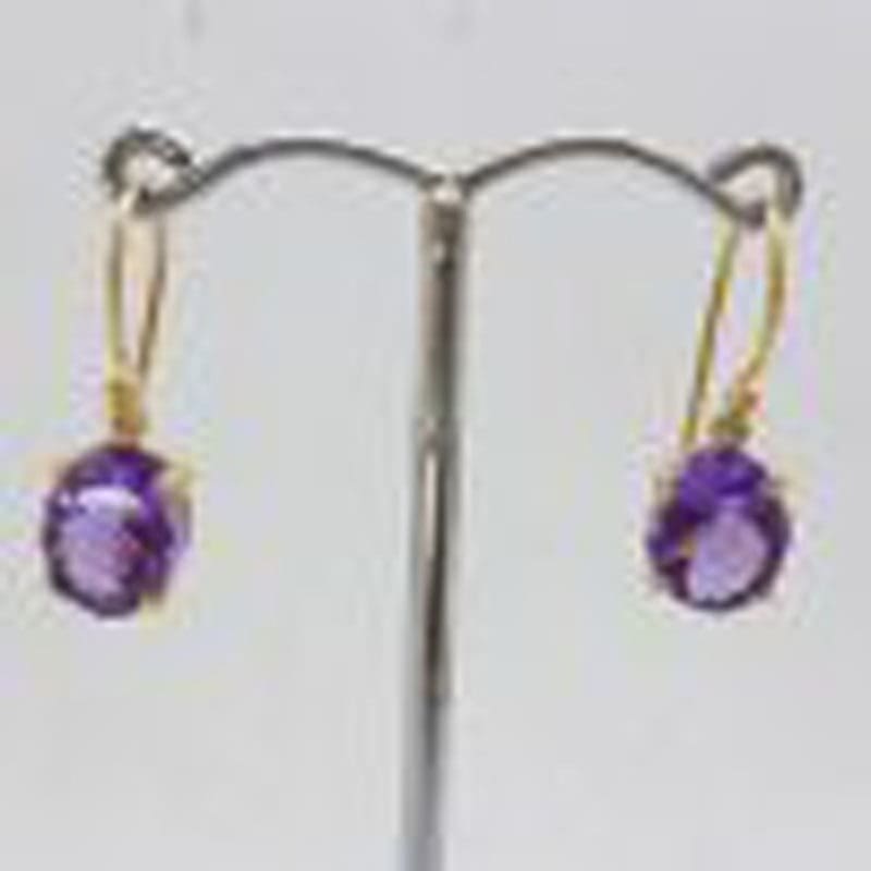 9ct Yellow Gold Oval Claw Set Amethyst Drop Earrings