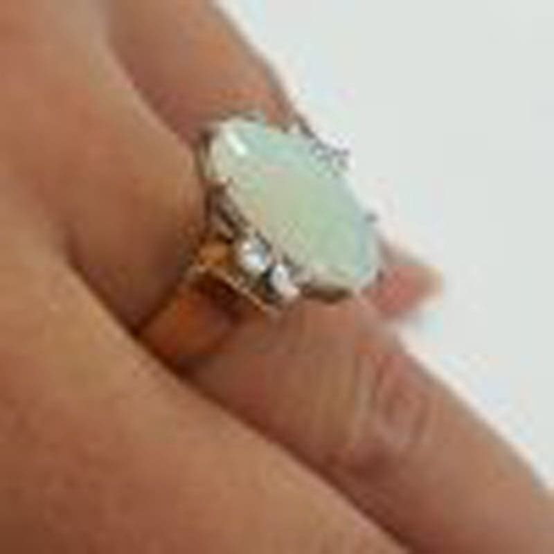 18ct Yellow Gold Large Oval Solid White Opal with Diamond Ring - Antique / Vintage