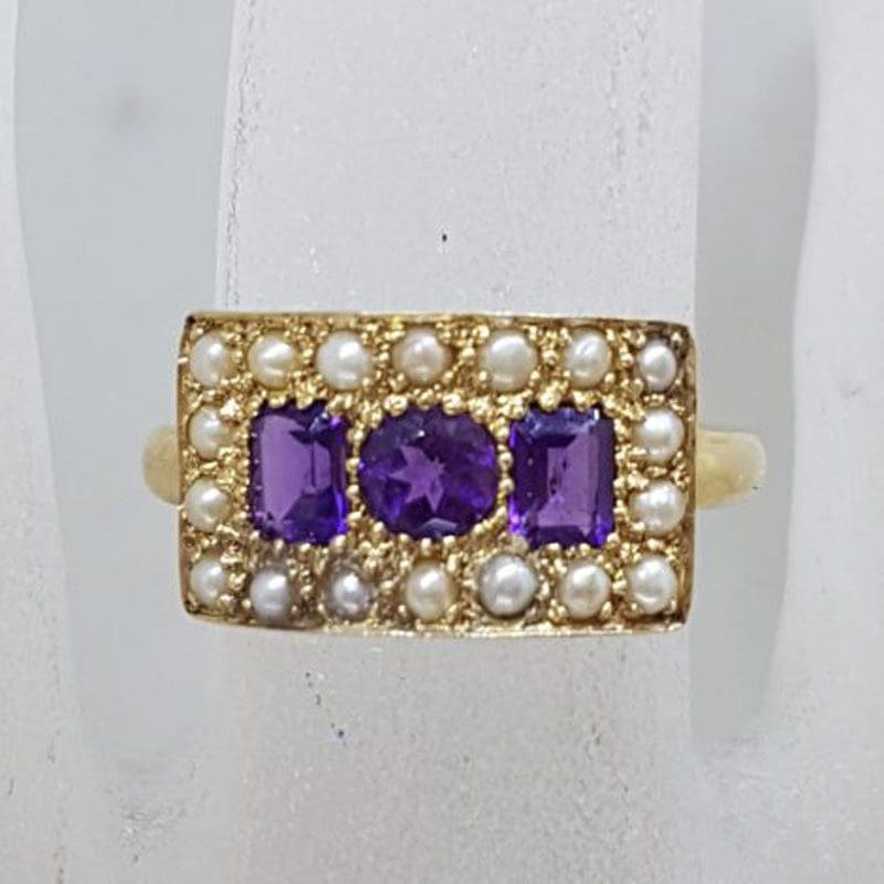 9ct Yellow Gold Wide Rectangular Cluster Ring Set with Amethyst and Seedpearls - Antique / Vintage