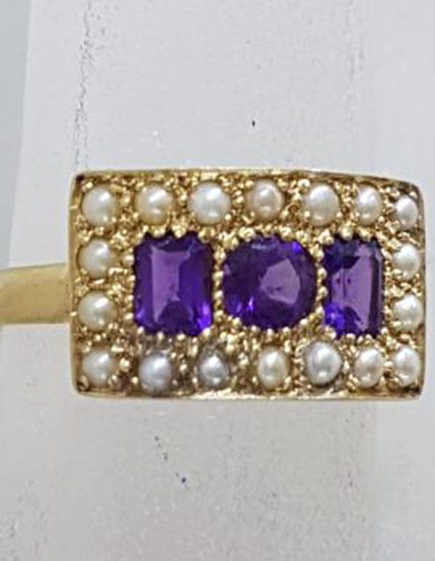 9ct Yellow Gold Wide Rectangular Cluster Ring Set with Amethyst and Seedpearls - Antique / Vintage