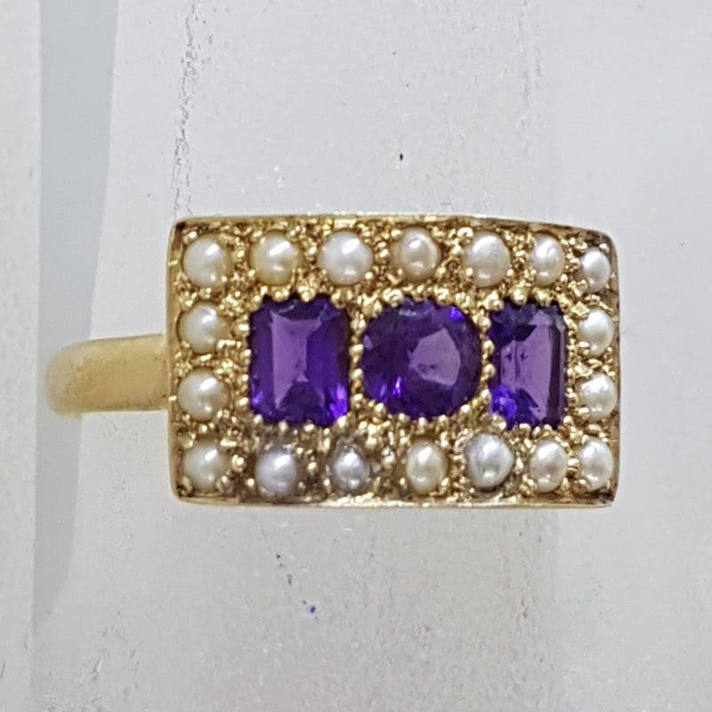 9ct Yellow Gold Wide Rectangular Cluster Ring Set with Amethyst and Seedpearls - Antique / Vintage