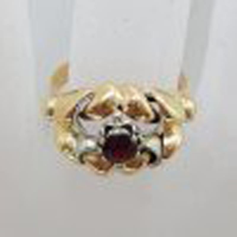 18ct Yellow Gold and White Gold Ornate Large Ring with Garnet - Antique / Vintage
