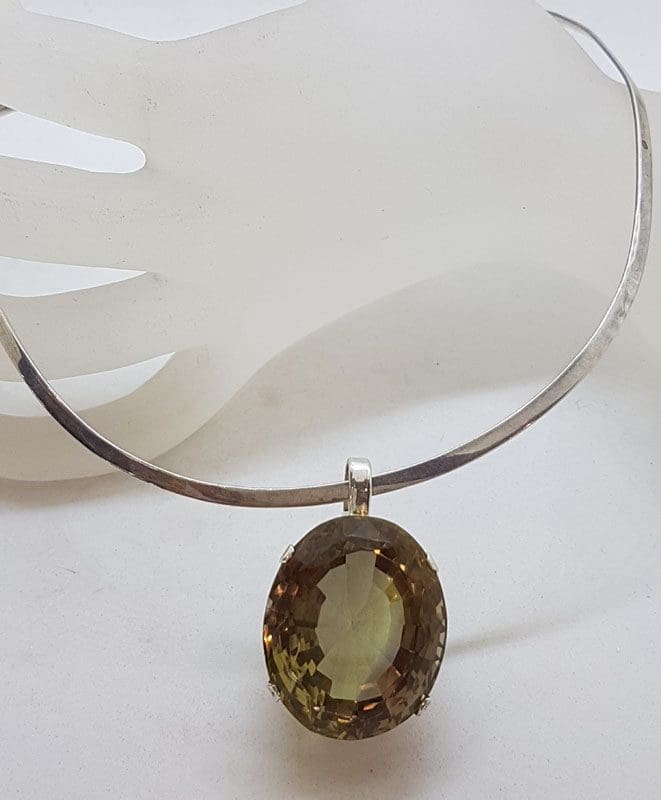 Sterling Silver Large Oval Smokey Quartz in Ornate Filigree Setting Pendant on Silver Choker / Chain / Necklace