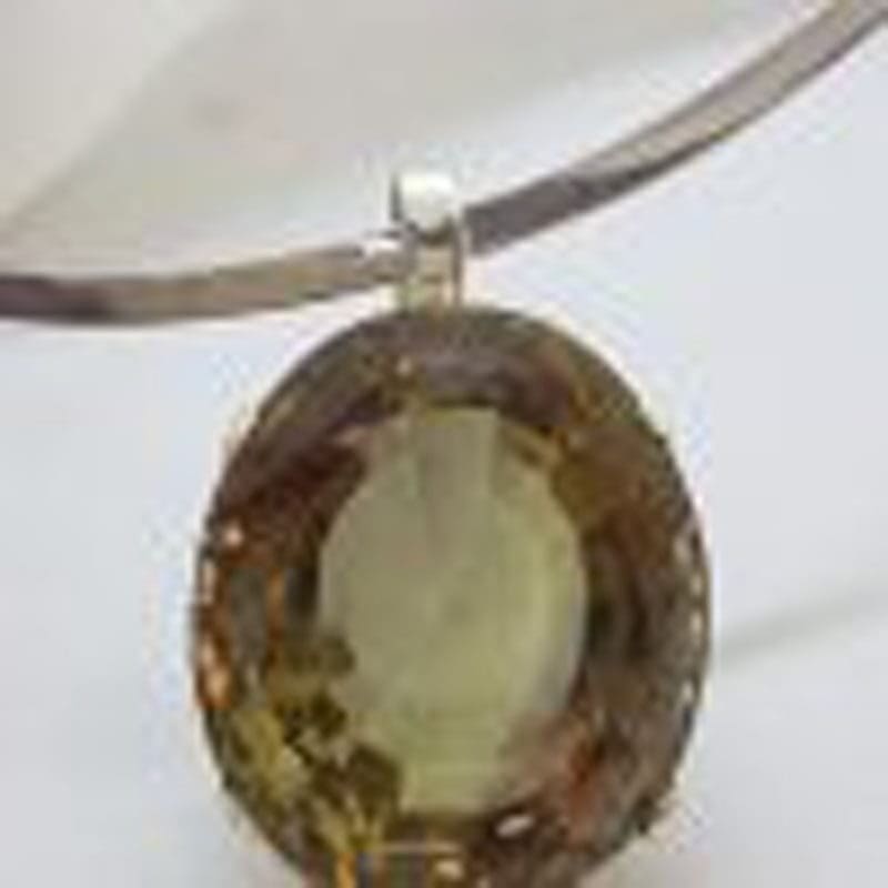 Sterling Silver Large Oval Smokey Quartz in Ornate Filigree Setting Pendant on Silver Choker / Chain / Necklace