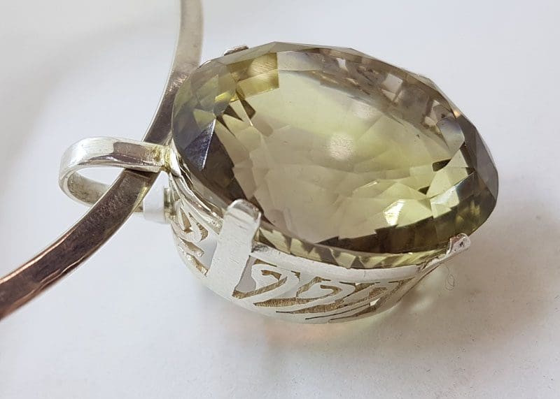 Sterling Silver Large Oval Smokey Quartz in Ornate Filigree Setting Pendant on Silver Choker / Chain / Necklace