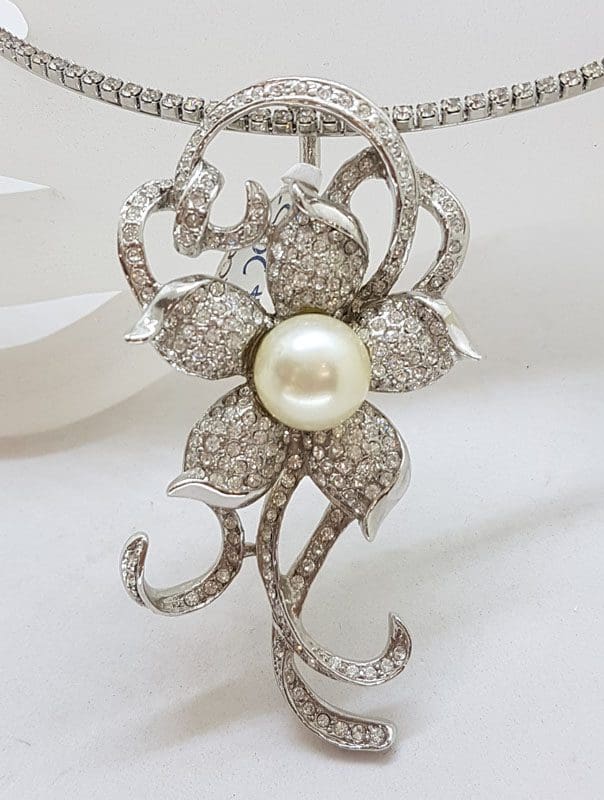 Plated with Swarovski Crystal Shimmer and Glitz and Faux Pearl Large Floral Pendant on Choker Chain / Necklace - Wedding / Debutante / Special Occasion