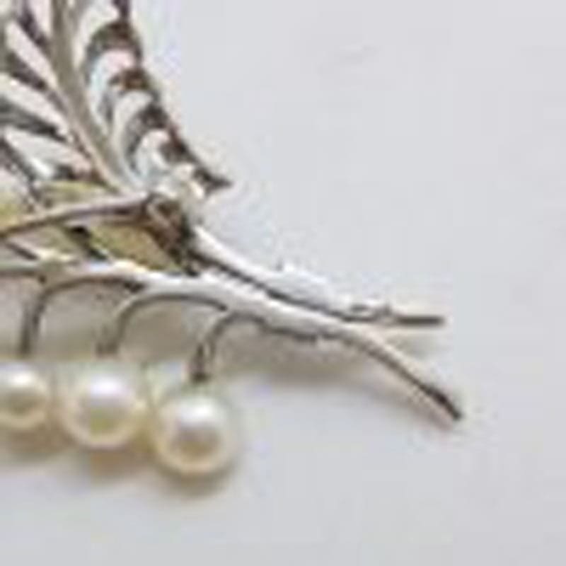 Sterling Silver Mikimoto Pearl Large Ornate Leaf Shape Brooch - Antique / Vintage