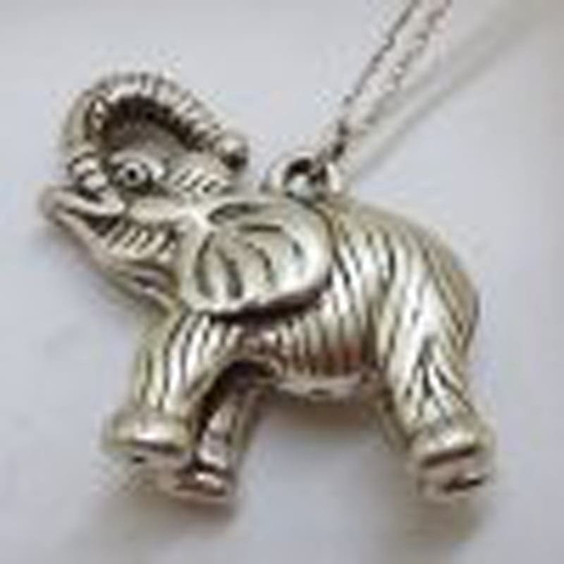Sterling Silver Large Hollow Elephant Pendant with Trunk Up on Silver Chain