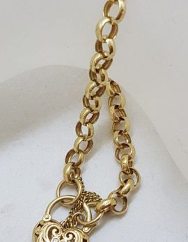 9ct Yellow Gold Belcher Link Bracelet Ornate Diamond Heart Shaped Padlock Clasp