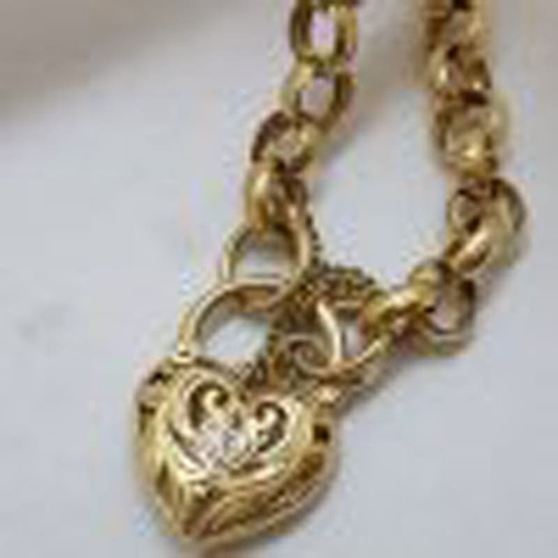 9ct Yellow Gold Belcher Link Bracelet Ornate Diamond Heart Shaped Padlock Clasp