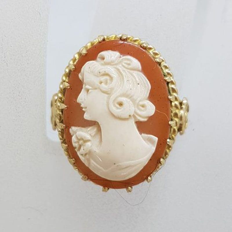 9ct Yellow Gold Large Oval Ornate Set Ladies Head Cameo Ring - Antique / Vintage