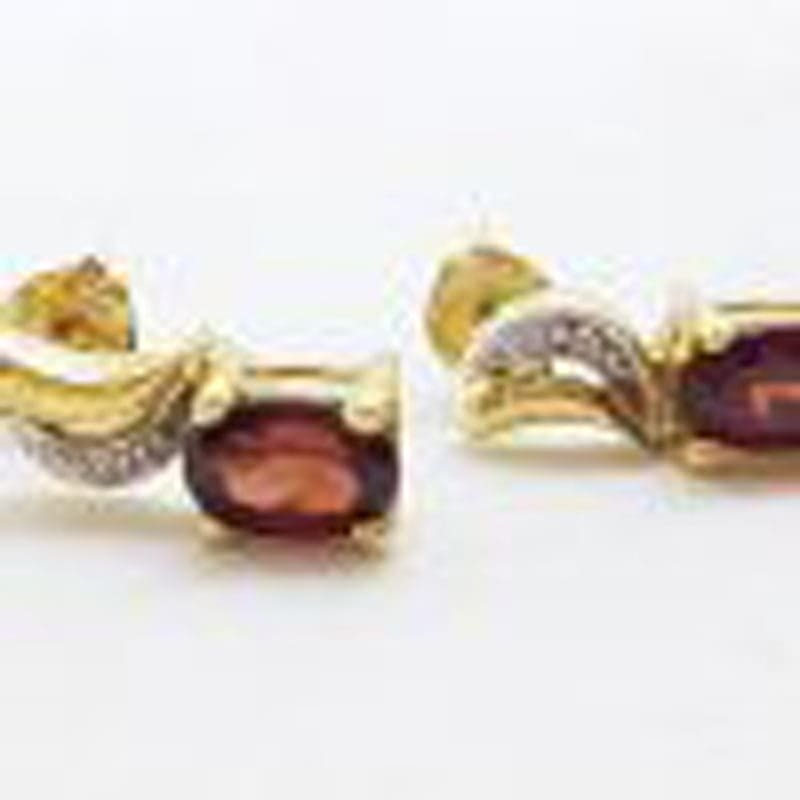 9ct Yellow Gold Oval Claw Set Garnet with Diamond Stud Earrings