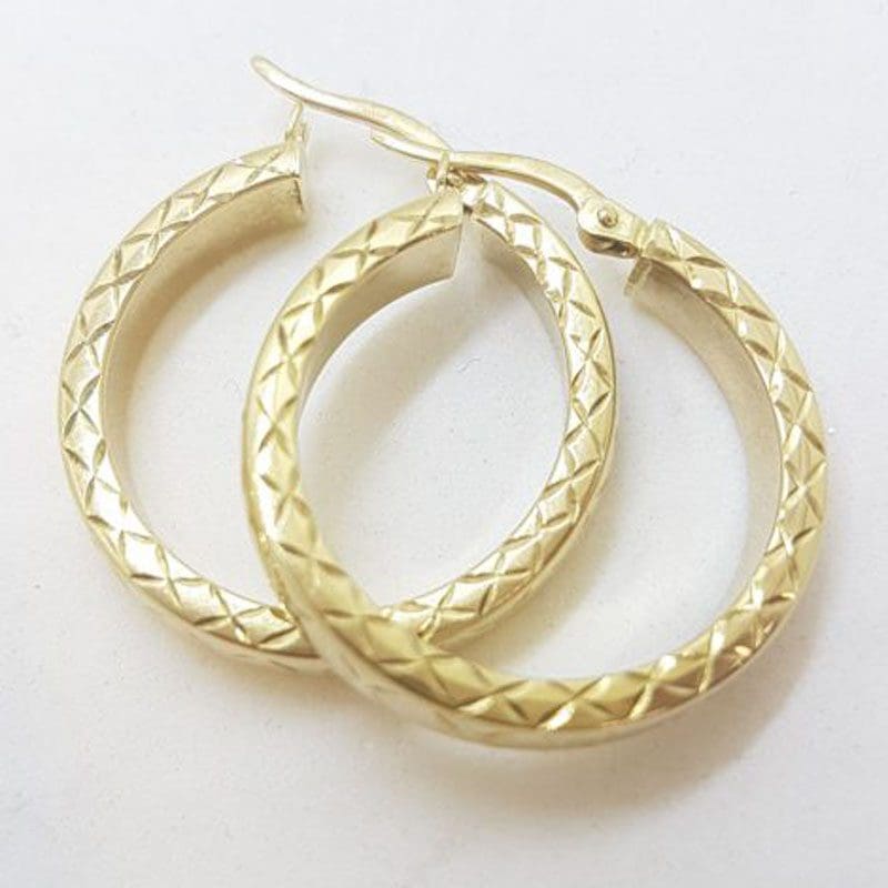 18ct Yellow Gold Patterned Large Hoop Earrings