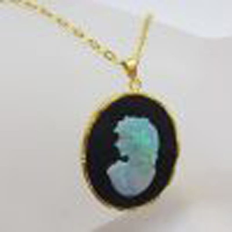14ct Yellow Gold Rare Carved Opal Ladies Head Cameo on Onyx Pendant on 9ct Gold Chain - Antique / Vintage