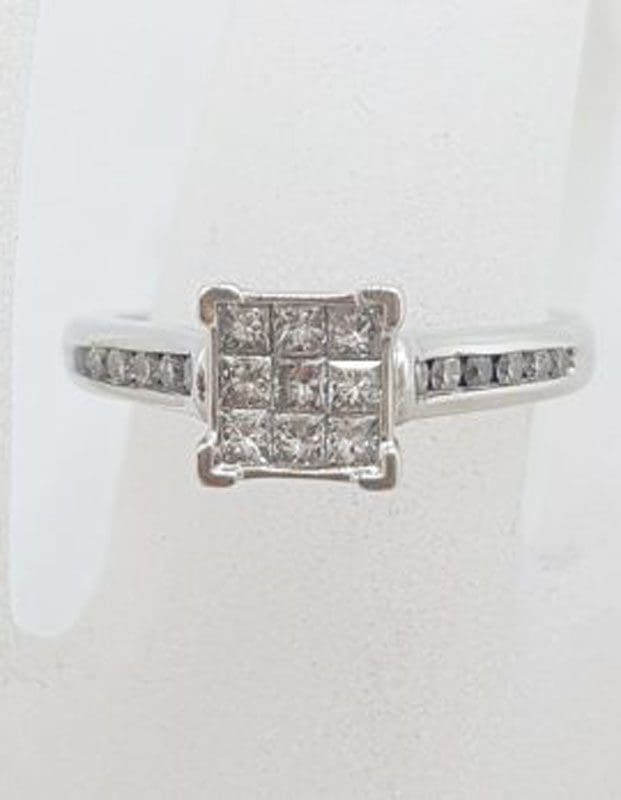 18ct White Gold Claw Set and Channel Set Princess Cut / Square Diamond Cluster Ring - Engagement Ring / Dress Ring