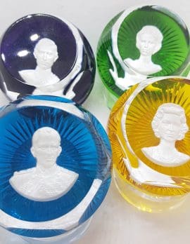 Set of 4 French Baccarat Crystal Royal Paperweights - Queen, Prince Philip, Prince Charles and Princess Anne - Yellow, Blue, Green and Purple