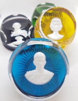 Set of 4 French Baccarat Crystal Royal Paperweights - Queen, Prince Philip, Prince Charles and Princess Anne - Yellow, Blue, Green and Purple