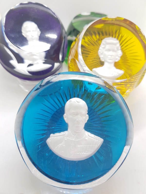 Set of 4 French Baccarat Crystal Royal Paperweights - Queen, Prince Philip, Prince Charles and Princess Anne - Yellow, Blue, Green and Purple