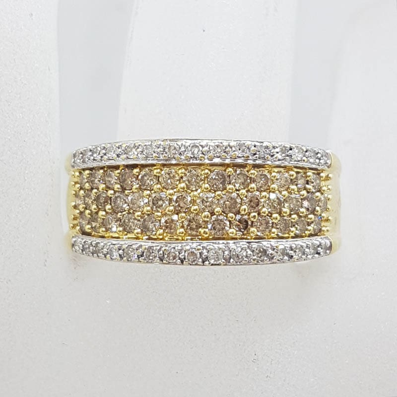 * SOLD * 18ct Yellow Gold Wide Chocolate and Clear Diamond Band Ring