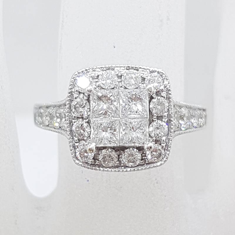 14ct White Gold Square High Set Ornate Cluster Diamond Engagement / Dress Ring