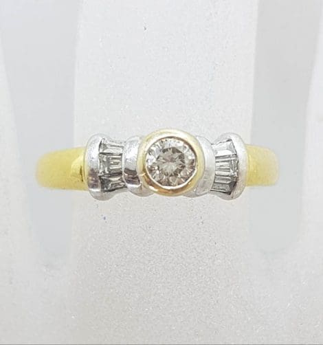 18ct Yellow Gold Bezel Set Round with Channel Set Baguette Diamond Ring - Engagement Ring / Dress Ring