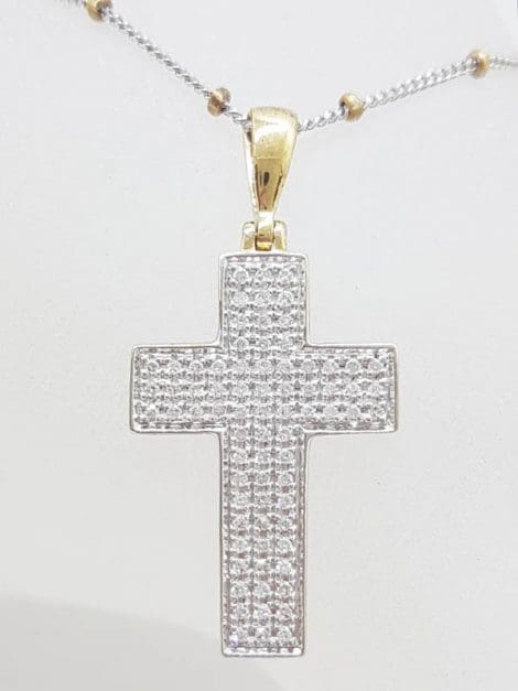 9ct Yellow Gold and White Gold Cross / Crucifix Diamond Pendant on Two Tone Gold Chain