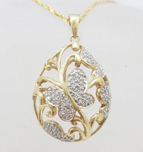 9ct Yellow Gold Large Ornate Butterfly Teardrop / Pear Shape Pendant set with Diamonds on 9ct Chain