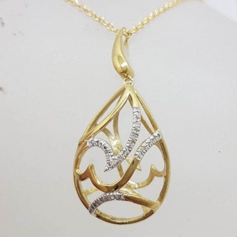 9ct Yellow Gold Large Ornate Open Swirl Design in Teardrop / Pear Shape Pendant set with Diamonds on Gold Chain