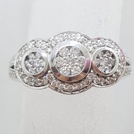 9ct White Gold Diamond Trilogy Cluster Ring - Art Deco Style