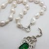 * SOLD * Sterling Silver Large Marcasite Green Cartier Inspired Cat / Panther / Puma / Leopard Enhancer Pendant on Long Baroque Pearl Necklace/Chain
