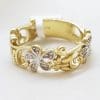 9ct Yellow Gold Ornate Filigree Floral Design Wide Diamond Ring / Band