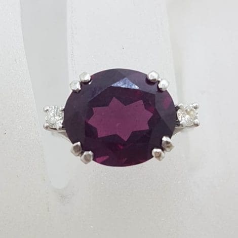 * SOLD * 9ct White Gold Large Oval Rhodolite Garnet with 2 Diamonds Ring