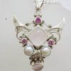 Sterling Silver Large Angel Wings Pendant with Rose Quartz and Pearl on Silver Chain