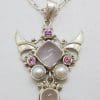 Sterling Silver Large Angel Wings Pendant with Rose Quartz and Pearl on Silver Chain
