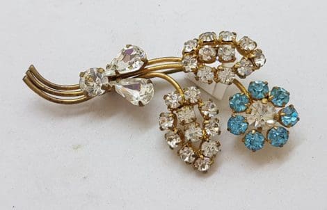 Plated Clear and Blue Rhinestone Floral Brooch - Vintage Costume Jewellery