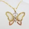 9ct Yellow Gold, Rose Gold and White Gold Ornate Three Tone Butterfly Pendant on Gold Chain