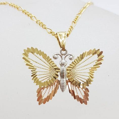 9ct Yellow Gold, Rose Gold and White Gold Ornate Three Tone Butterfly Pendant on Gold Chain