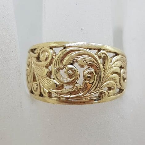 9ct Yellow Gold Leaf Floral Design Wide Band Ring