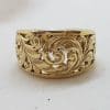 9ct Yellow Gold Leaf Floral Design Wide Band Ring
